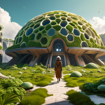 A vibrant, futuristic cityscape where buildings gracefully emerge from organic, self-healing mycelium structures, seamlessly blending with lush green spaces. People are seen wearing stylish, supple myco-leather clothing, reflecting sustainable fashion. In the background, a large, intricate mycelium dome hints at advanced space exploration or large-scale environmental restoration projects. The scene is bathed in a warm, sustainable glow, symbolizing a harmonious and innovative future. UHD, photorealistic, concept art.