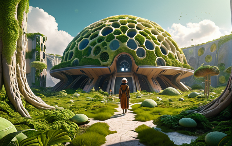 A vibrant, futuristic cityscape where buildings gracefully emerge from organic, self-healing mycelium structures, seamlessly blending with lush green spaces. People are seen wearing stylish, supple myco-leather clothing, reflecting sustainable fashion. In the background, a large, intricate mycelium dome hints at advanced space exploration or large-scale environmental restoration projects. The scene is bathed in a warm, sustainable glow, symbolizing a harmonious and innovative future. UHD, photorealistic, concept art.