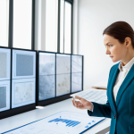 A focused female architect in a professional, modest business suit, standing in a brightly lit, modern architectural design studio. She is observing large, innovative mycelium building materials, including insulation panels and structural blocks, neatly arranged on a sleek table. A large digital screen in the background displays a blueprint of a sustainable building. The image features perfect anatomy, correct proportions, a natural pose, well-formed hands, proper finger count, and natural body proportions. The scene is captured with professional photography, high detail, and sharp focus, showcasing vibrant colors. This content is safe for work, appropriate content, fully clothed, and professional.