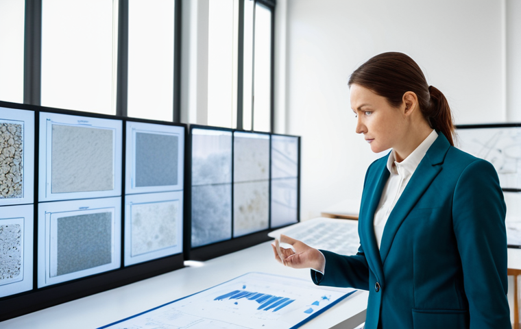 A focused female architect in a professional, modest business suit, standing in a brightly lit, modern architectural design studio. She is observing large, innovative mycelium building materials, including insulation panels and structural blocks, neatly arranged on a sleek table. A large digital screen in the background displays a blueprint of a sustainable building. The image features perfect anatomy, correct proportions, a natural pose, well-formed hands, proper finger count, and natural body proportions. The scene is captured with professional photography, high detail, and sharp focus, showcasing vibrant colors. This content is safe for work, appropriate content, fully clothed, and professional.